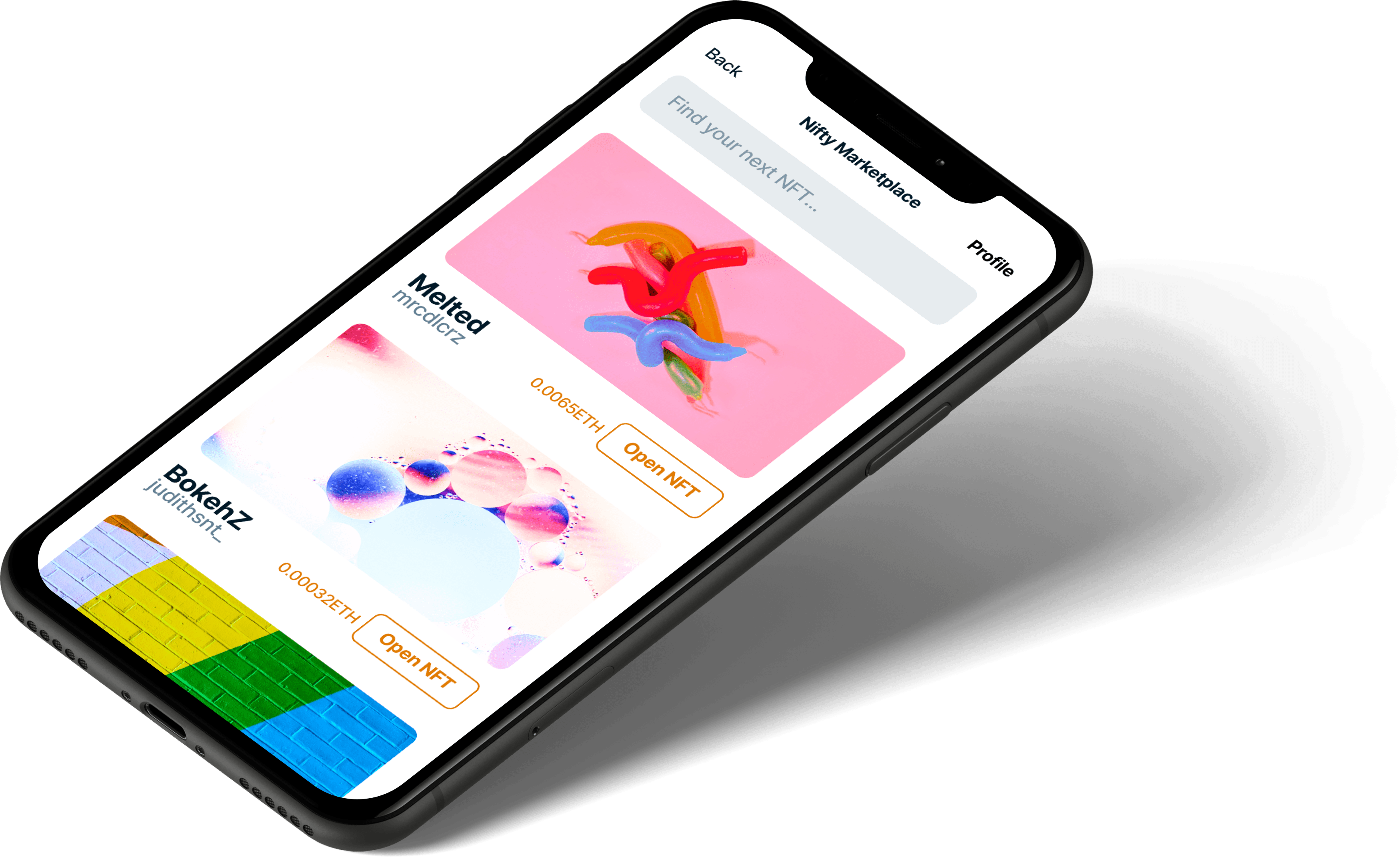 A mockup of an iPhone screen with the Nifty Marketplace.